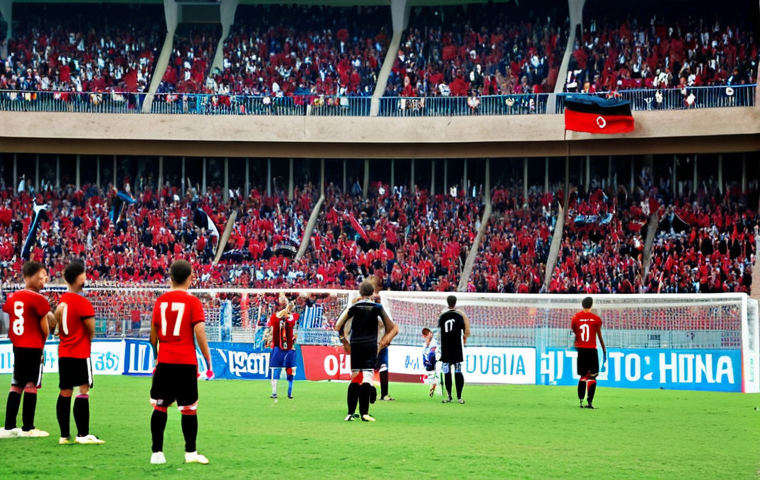 A vibrant football (soccer) match in Tirana, Albania. The stadium is packed with cheering fans waving red and black Albanian flags. In the foreground, a young boy wearing a Dinamo Tirana jersey gazes in awe at the players on the field. The scene captures the passion and excitement surrounding Albanian football, with a focus on the dreams of young athletes. Style: Realistic, dynamic lighting.
